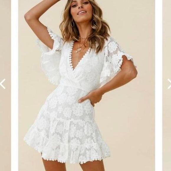 Indikah Dress XS Lace Crochet White Mini Bell Flutter Sleeve V-Neck Party Event - Picture 8 of 9